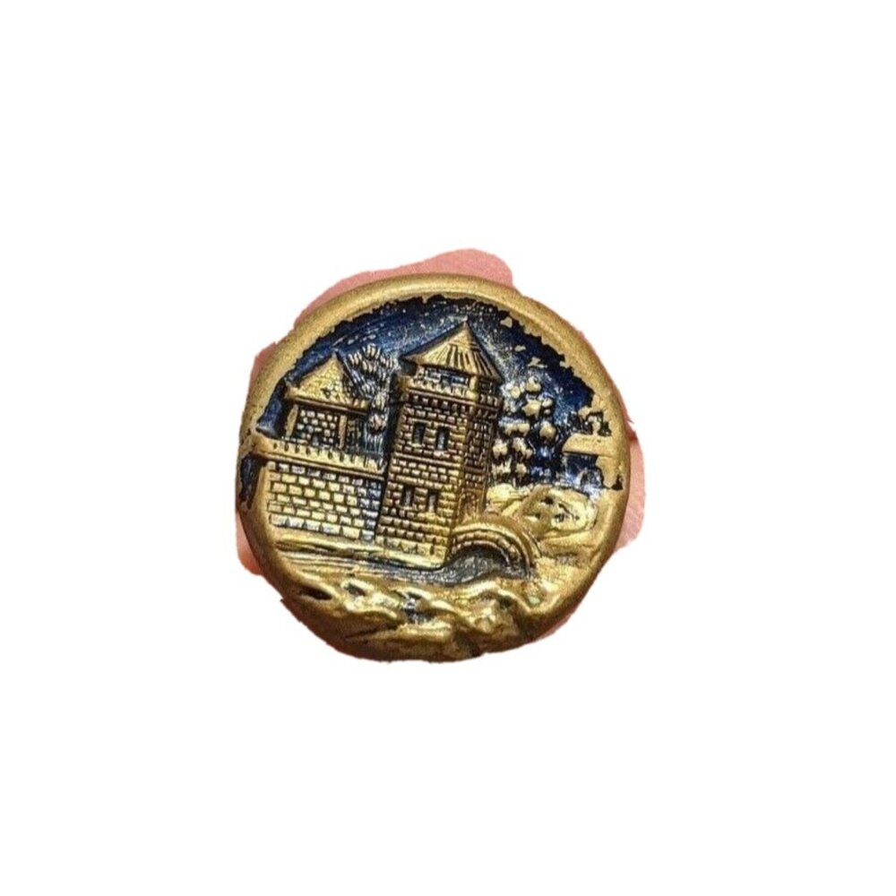 Medevil Castle/Fort European Vintage Picture Button near river with bridge moat
